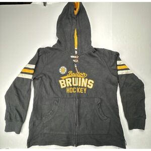 CCM Boston Bruins Hockey Full Zip Hoodie Button Neck Mesh Hood Large Black Gold